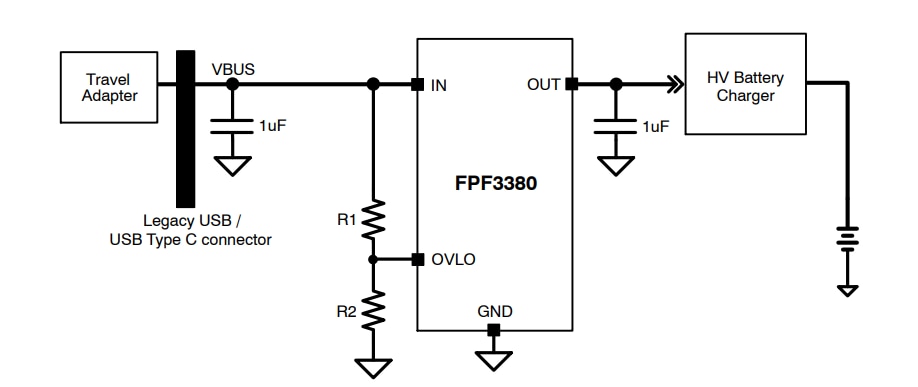 Applikations-Schaltungsdiagramm - onsemi FPF3380UCX Lastschalter für Überspannungsschutz